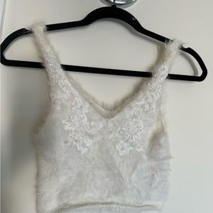 Urban outfitters fuzzy white floral embellish crop top tank